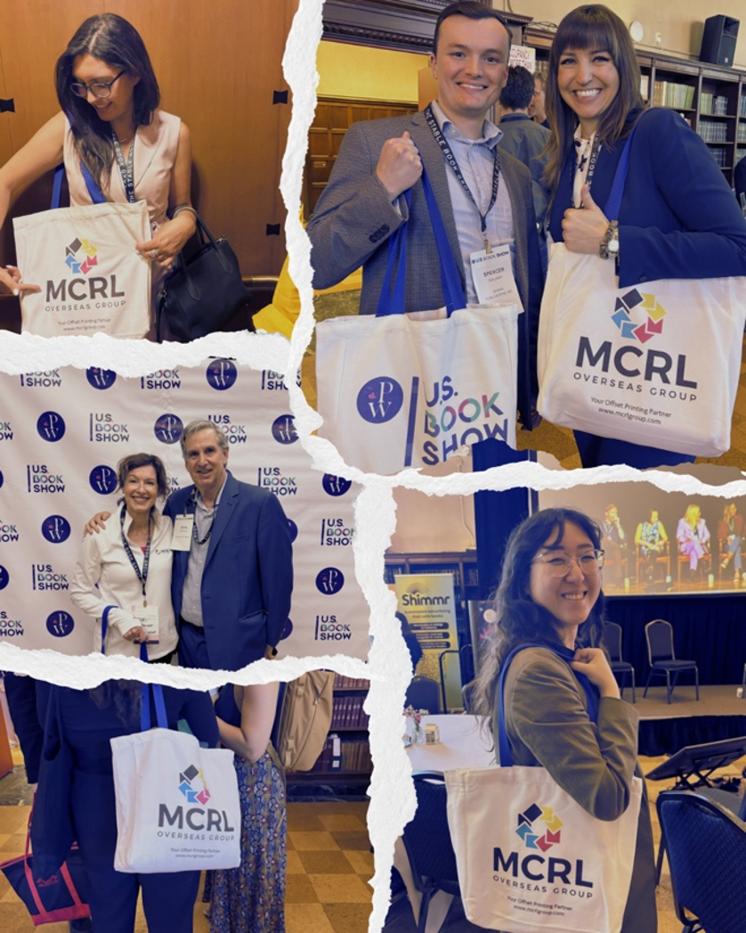 U.S. Book Show attendees holding MCRL tote bags in a photo collage