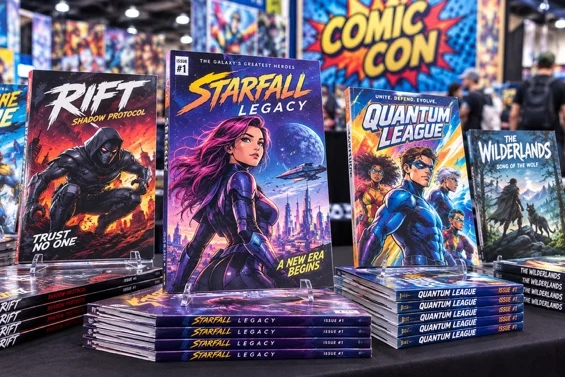 Colourful comic book covers arranged on a convention display table