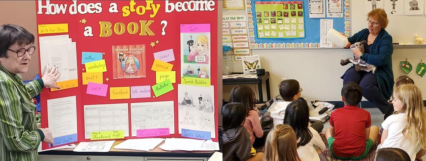 Authors presenting a story poster and reading to children during school visits