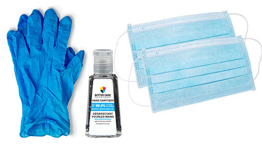 gloves, hand sanitizer, disposible masks