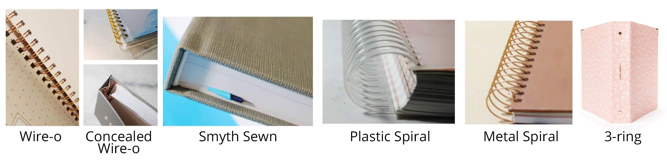 Bindings: Wire-O, Concealed Wire-O, Smyth Sewn, Plastic Spiral, Metal Spiral, 3-ring