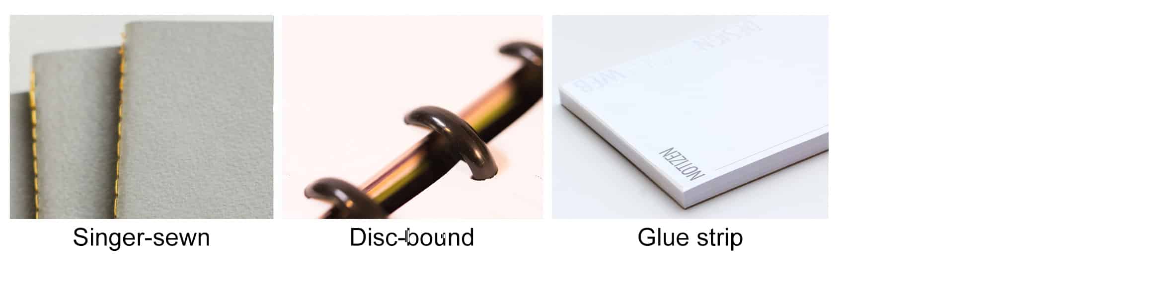 Bindings: Singer-sewn, Disc-bound, Glue strip