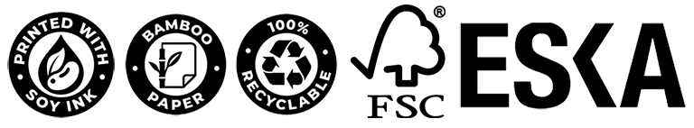 Printed with Soy Milk, Recycled paper, Bamboo paper, 100% recyclable, FSC Paper, ESKA