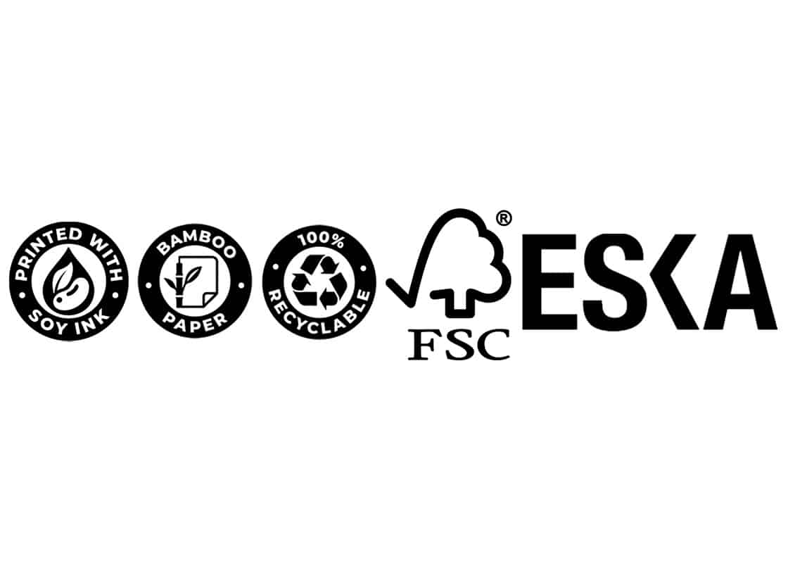 Printed with Soy Milk, Recycled paper, Bamboo paper, 100% recyclable, FSC Paper, ESKA