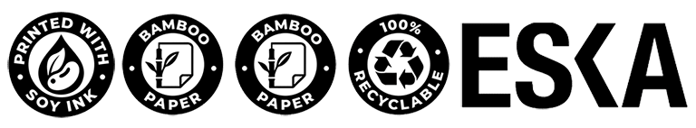 Printed with Soy Milk, Recycled paper, Bamboo paper, 100% recyclable, ESKA