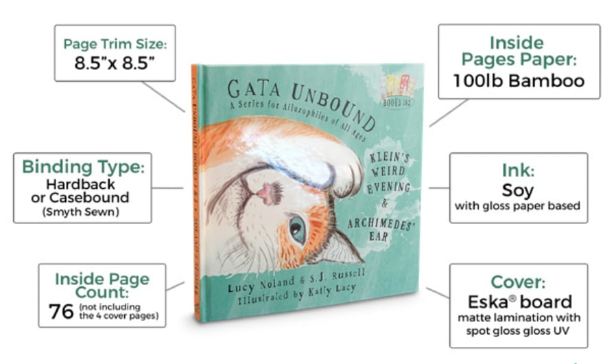 Square children’s hardcover book titled Gata Unbound by Lucy Noland and S. J. Russell, shown with callouts listing print specifications including 8.5 x 8.5 inch trim size, hardback binding, 76 inside pages, 100 lb bamboo paper, soy ink, and Eska board cover with matte lamination and spot gloss UV.