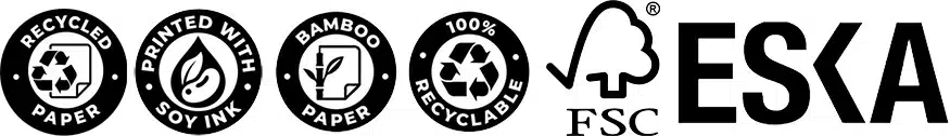 Eco-friendly printing badges for recycled paper, soy ink, bamboo paper, 100% recyclable materials, FSC certification, and Eska board