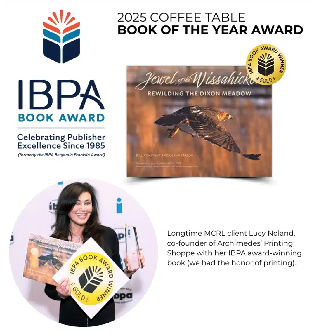 2025 Coffee Table Book of the Year Award graphic featuring the IBPA Book Award logo, the gold award-winning book Jewel of the Wissahickon: Rewilding the Dixon Meadow, and Lucy Noland holding the book and award.